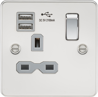 Flat plate 13A 1G switched socket with dual USB charger (2.1A) - polished chrome with grey insert