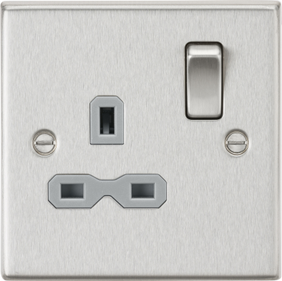 13A 1G DP Switched Socket with Grey Insert - Square Edge Brushed Chrome