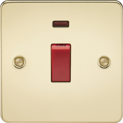 Flat Plate 45A 1G DP switch with neon - polished brass