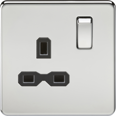 Screwless 13A 1G DP switched socket - polished chrome with black insert