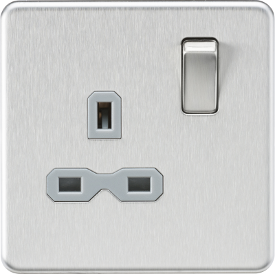 Screwless 13A 1G DP switched Socket - Brushed Chrome with grey Insert