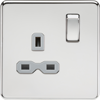 Screwless 13A 1G DP switched socket - polished chrome with grey insert