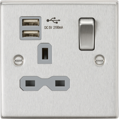 13A 1G Switched Socket Dual USB Charger (2.1A) with Grey Insert - Square Edge Brushed Chrome