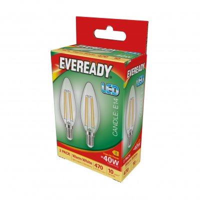 Eveready LED Filament Candle E14 (SES) 470lm 4W 2,700K (Warm White), Box Of 2