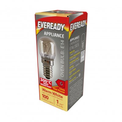 Eveready Oven Lamp E14 (SES) 100lm 15W 2,800K (Warm White), Box Of 1 - 300C Heat Resistant