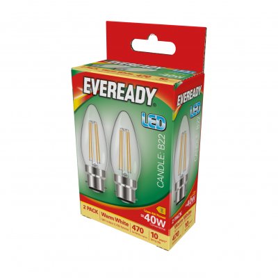 Eveready LED Filament Candle B22 (BC) 470lm 4W 2,700K (Warm White), Box Of 2