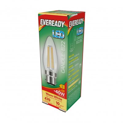 Eveready LED Filament Candle B22 (BC) 470lm 4W 2,700K (Warm White), Box Of 1