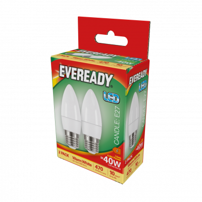 Eveready LED Candle E27 (ES) 470lm 4.9W 3,000K (Warm White), Box Of 2