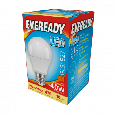 Eveready LED GLS E27 (ES) 470lm 4.9W 3,000K (Warm White), Box Of 1