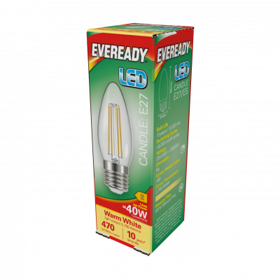 Eveready LED Filament Candle E27 (ES) 470lm 4W 2,700K (Warm White), Box Of 1