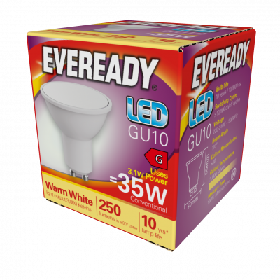 Eveready LED GU10 250lm 3.1W 3,000K (Warm White), Box Of 1