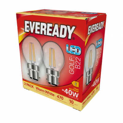 Eveready LED Filament Golf B22 (BC) 470lm 4W 2,700K (Warm White) Box Of 2