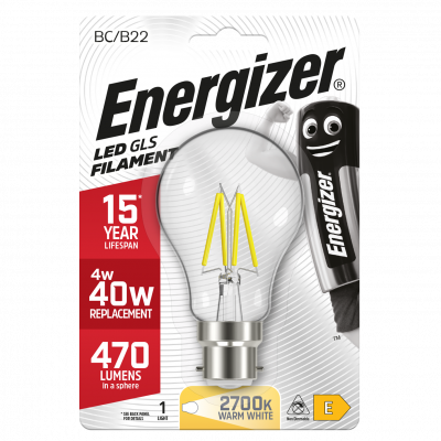 LED Filament B22 (BC) GLS 470lm 4W 2,700K (Warm White) Blister Of 1 - Alternative S13862