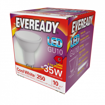 Eveready LED GU10 250lm 3.1W 4,000K (Cool White), Box Of 1