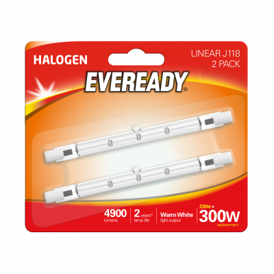 Eveready Halogen R7S Linear (118mm) 4,900lm 230W 2,950K (Warm White), Blister Of 2 (S11855)