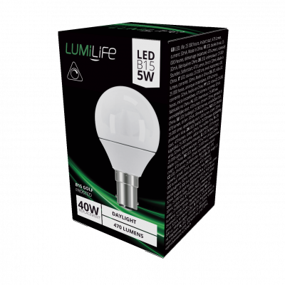 S16399 LumiLife LED Golf B15 (SBC) 470lm 4.2W 6,500K (Daylight) Dimmable, Box Of 1