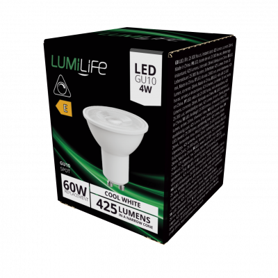 LumiLife LED GU10 425lm 4W 4,000K (Cool White) Dimmable, Box Of 1