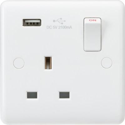 Curved Edge 13A 1G Switched Socket with USB Charger (5V DC 2.1A)